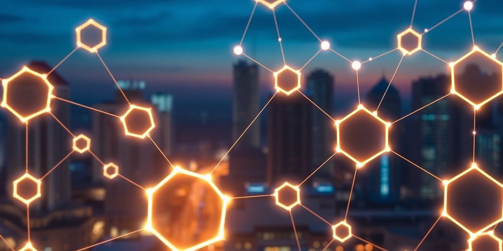 Interconnected glowing blocks, digital transformation.