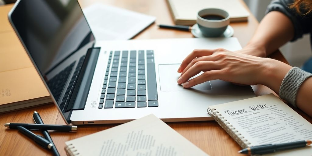 A writer typing on a laptop with coffee and notebooks.