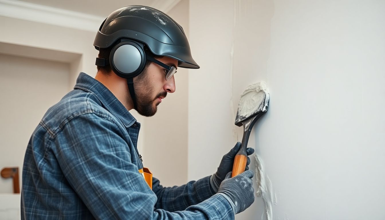 Plasterer working on a wall in a bright room.