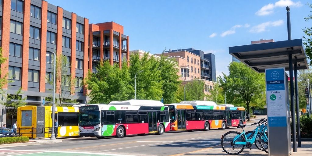 Columbus street with electric buses and bike-sharing stations.