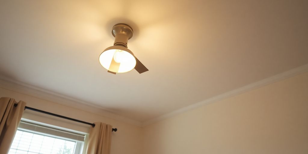 Cozy bedroom with modern, glowing ceiling light.