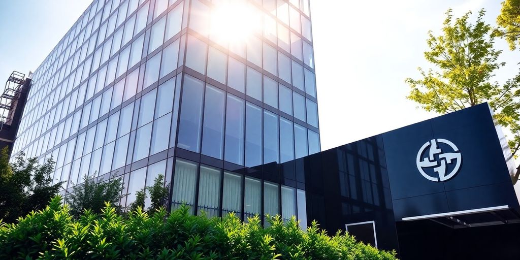 Modern office building exterior; company logo.