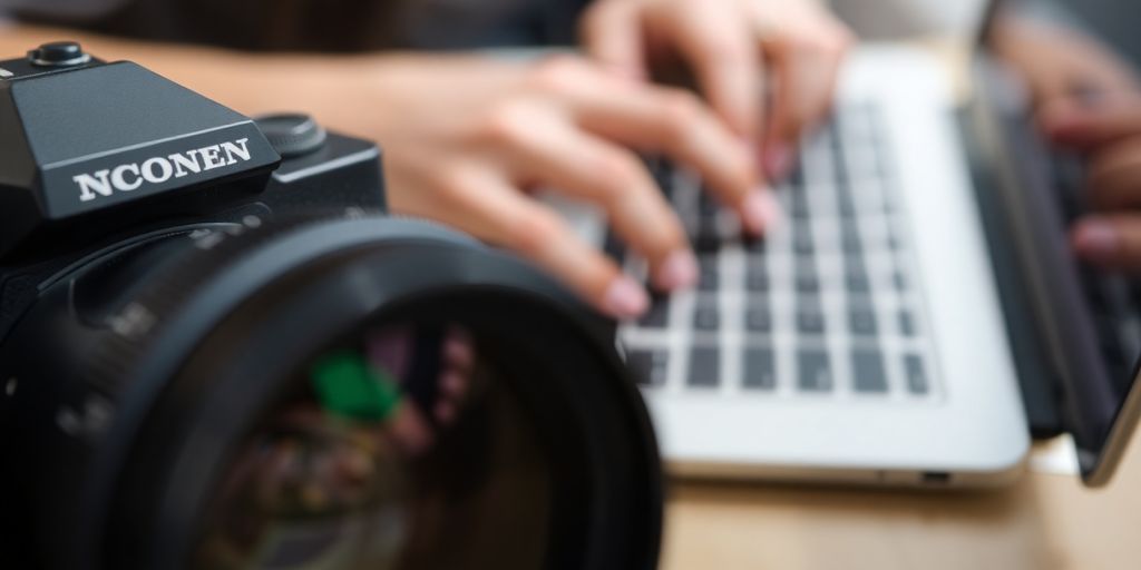 Camera lens, person's hands, computer keyboard.