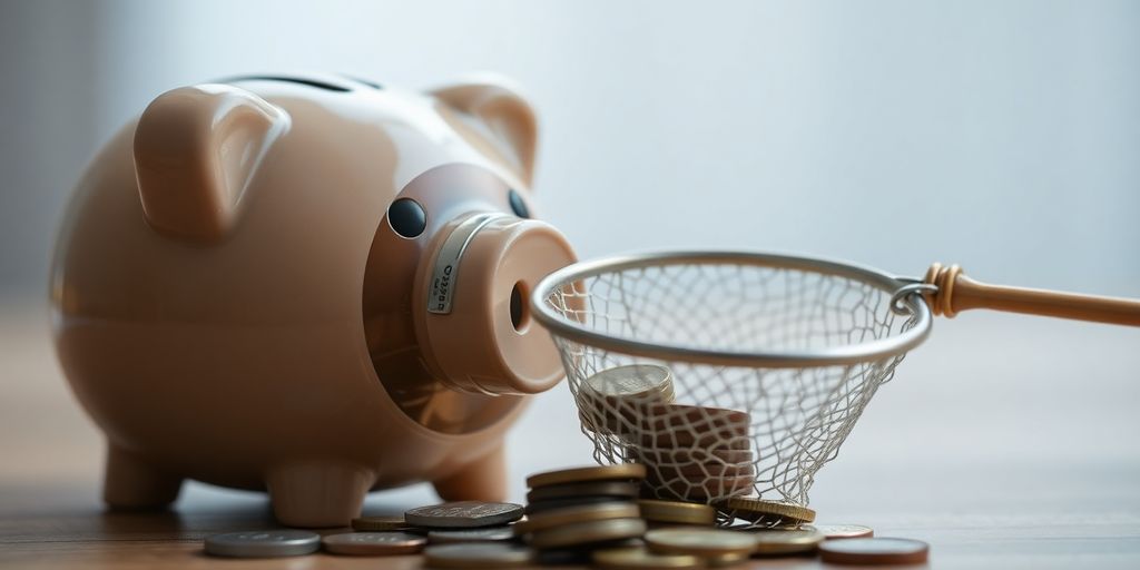 Piggy bank, coins, and a small net on a table.