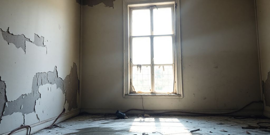 Water-damaged room with peeling paint and debris.