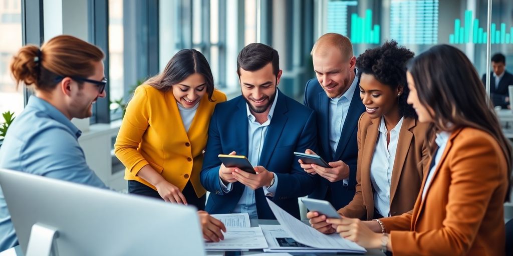 Team working together in a tech-savvy finance environment.