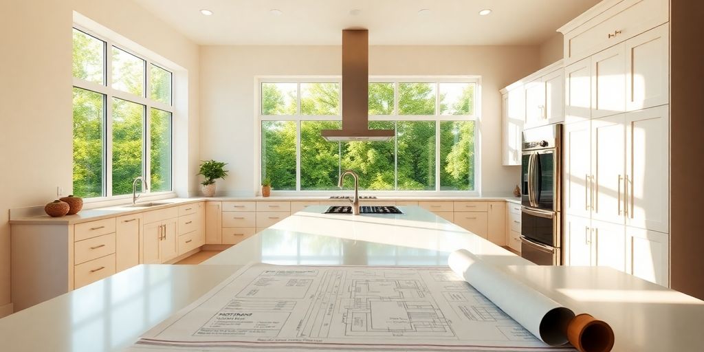 Modern kitchen with island and large windows