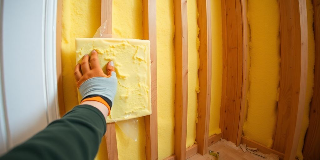 Installing foam insulation panels in a home wall.