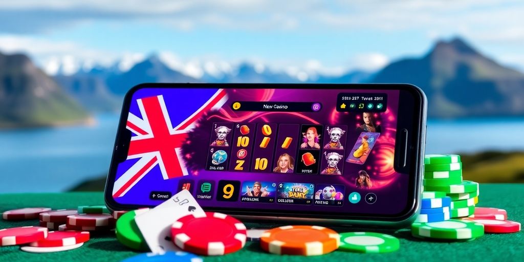 Mobile phone with casino game and New Zealand landscape.