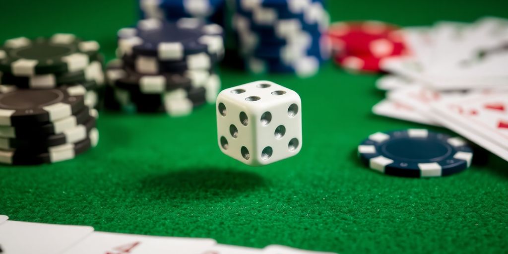 Dice and poker chips on a green felt table.