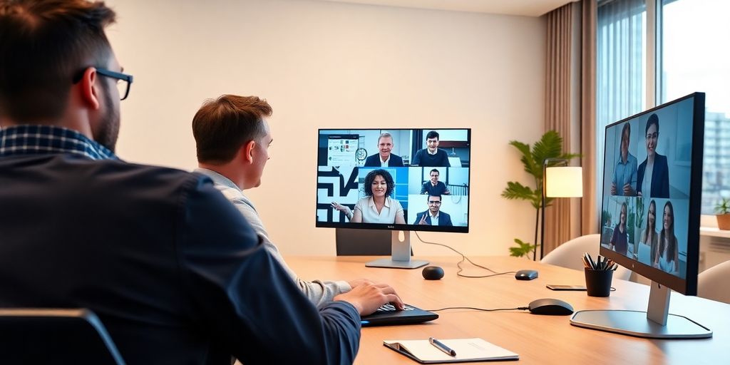 Two professionals participating in a video conference, engaging with multiple remote participants displayed on dual monitors, illustrating the challenges of meeting fatigue in a modern workspace.