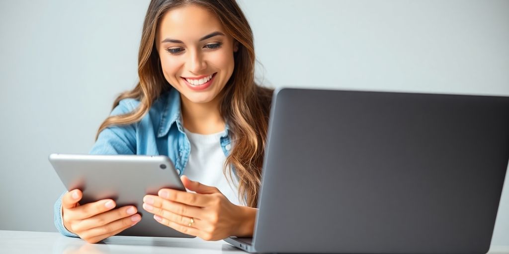 Person confidently using various tech devices.