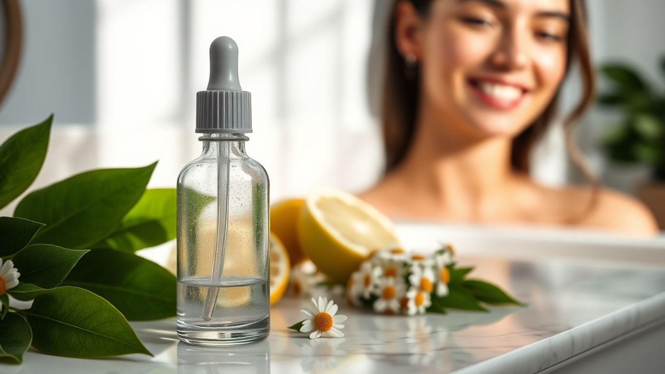 Glass dropper serum bottle with dewy skin model, natural botanicals