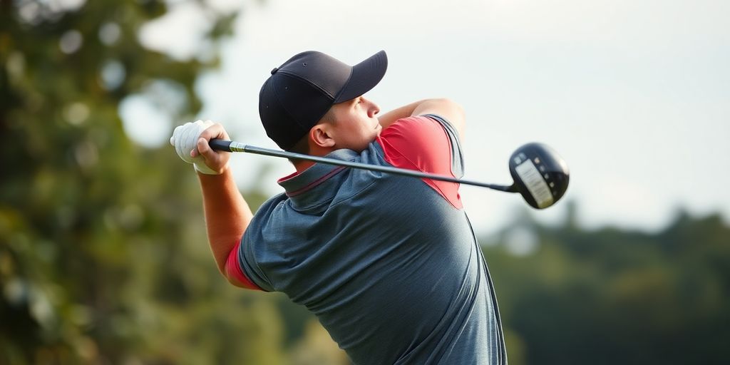 Golfer practicing iron swing with focus.