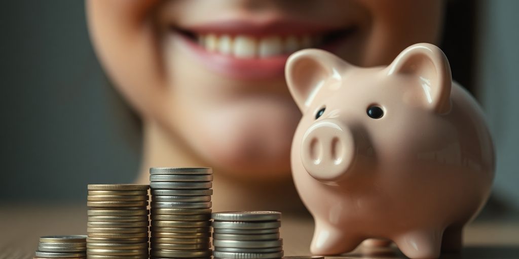Piggy bank, coins, person smiling.