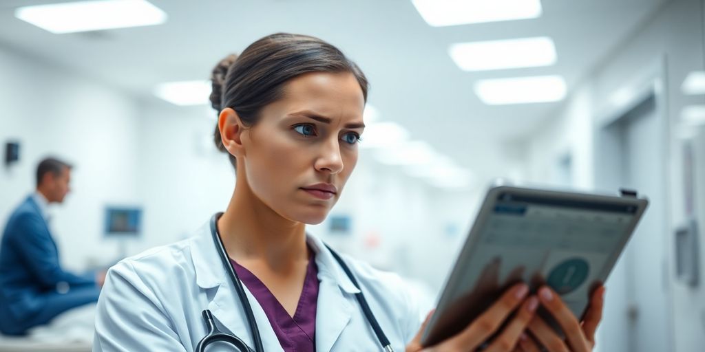 Healthcare professional with tablet in a hospital setting.