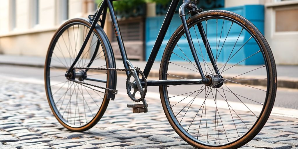 A vintage late-19th-century safety bicycle on a cobblestone street.