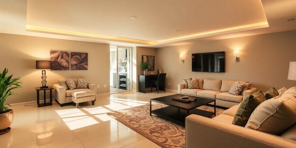 Finished basement living area with modern furniture and warm lighting.