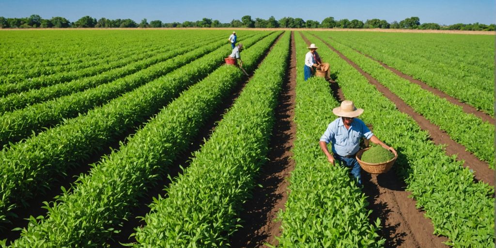 Farmers harvesting chia seeds in a lush green field.