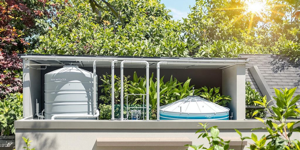 Home with rainwater harvesting system and green environment.