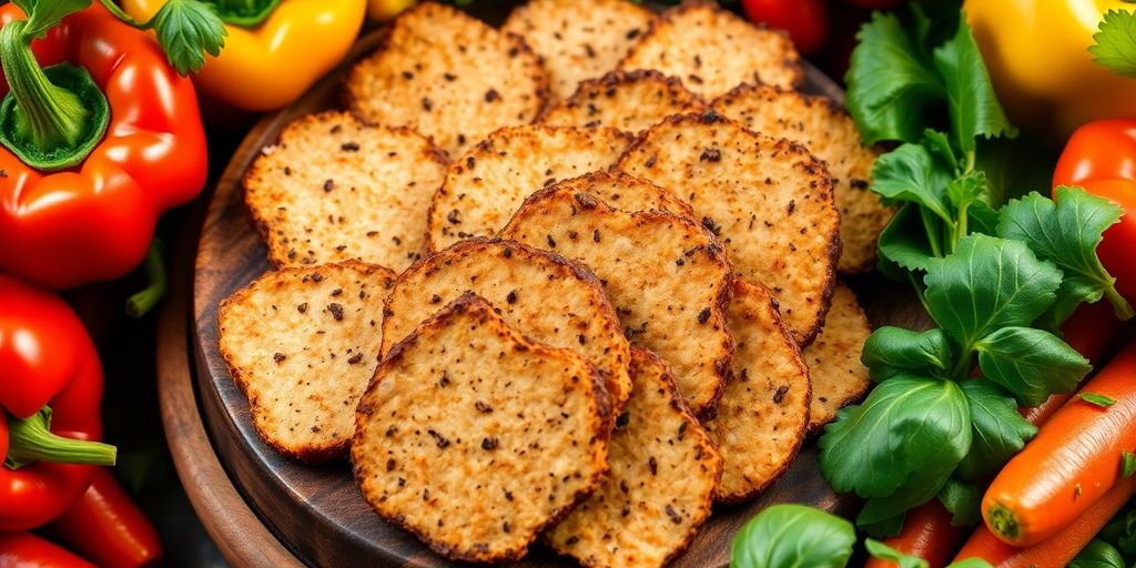Fresh tempeh slices with colorful vegetables on a platter.