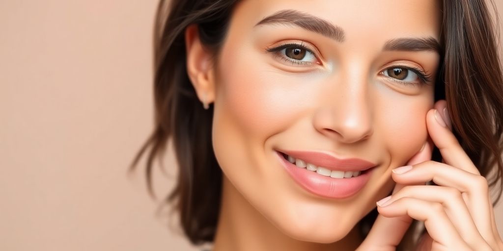 Woman applying cream to a clear face, free of pimples.