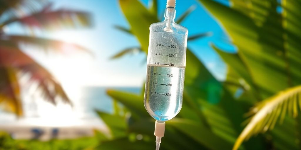 IV drip in arm, tropical Bali background.