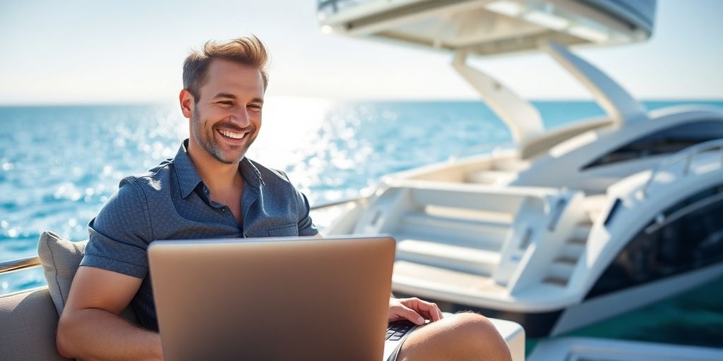 Man by laptop, boat in background