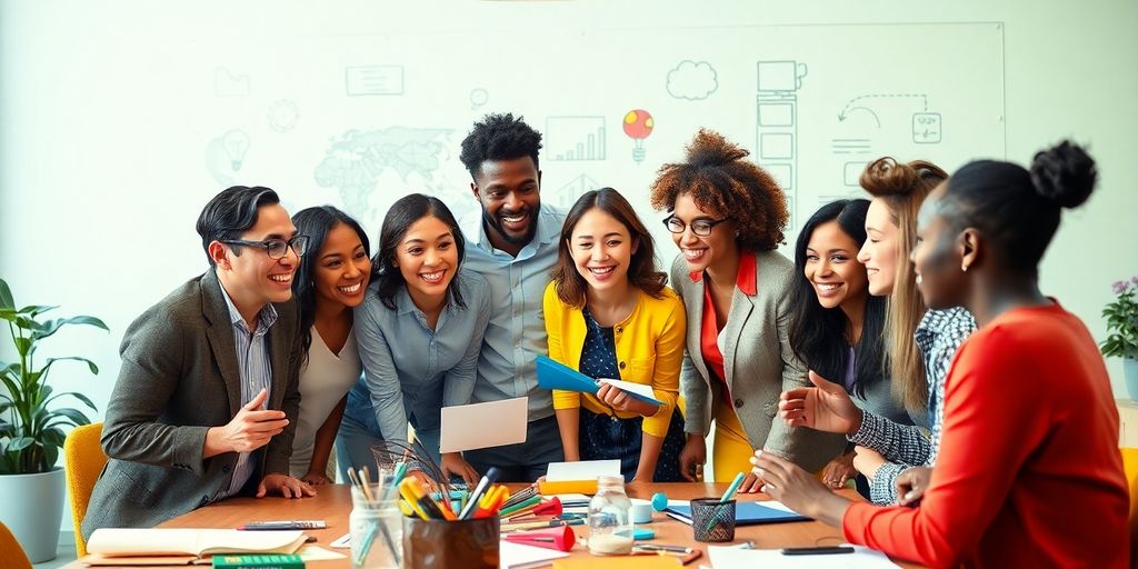 Diverse leaders collaborating in an innovative brainstorming session.