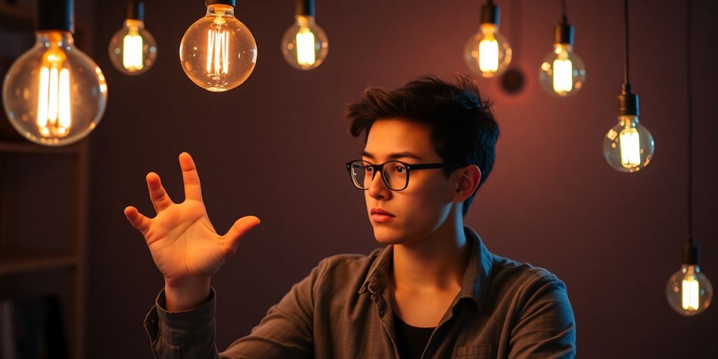 Person brainstorming ideas with colorful light bulbs.