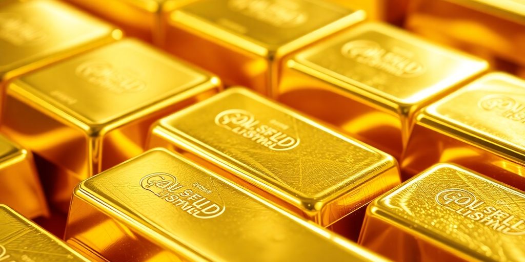 Lingots d'or brillants empilés sur une surface réfléchissante.