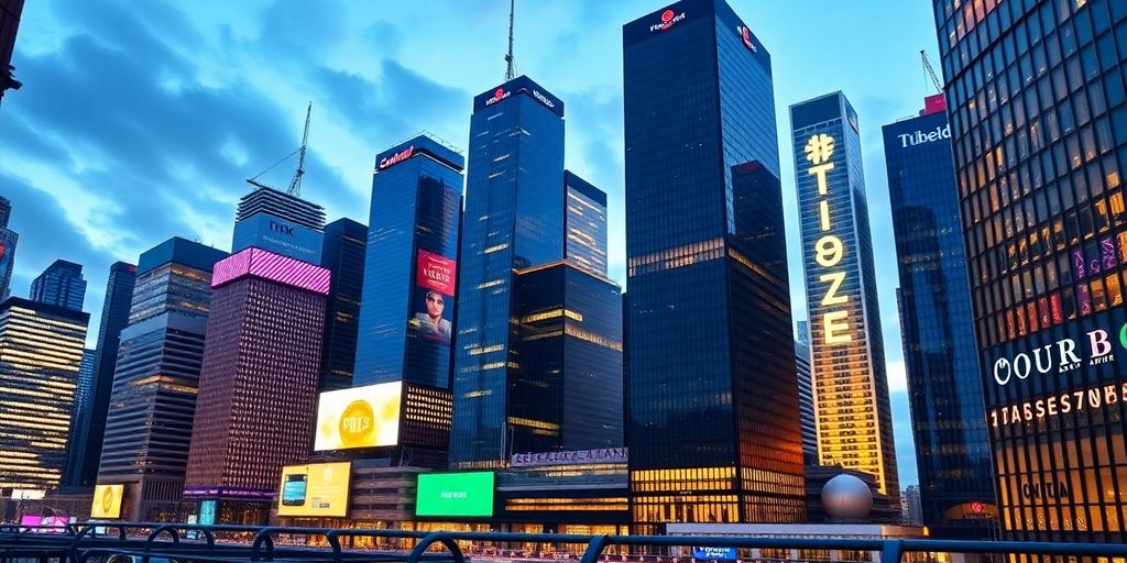 Modern skyline with digital elements representing finance innovation.