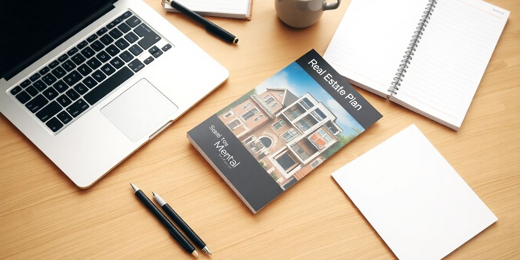 Office workspace with laptop and real estate materials.