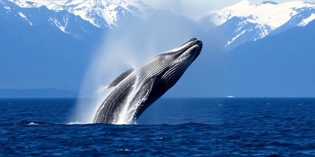 A humpback whale breaches near a boat in Juneau, Alaska.