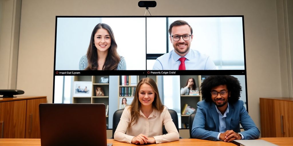Group of professionals engaged in a virtual meeting, displaying non-verbal cues such as smiles and eye contact, with a laptop and video screens showing participants in a modern conference room.