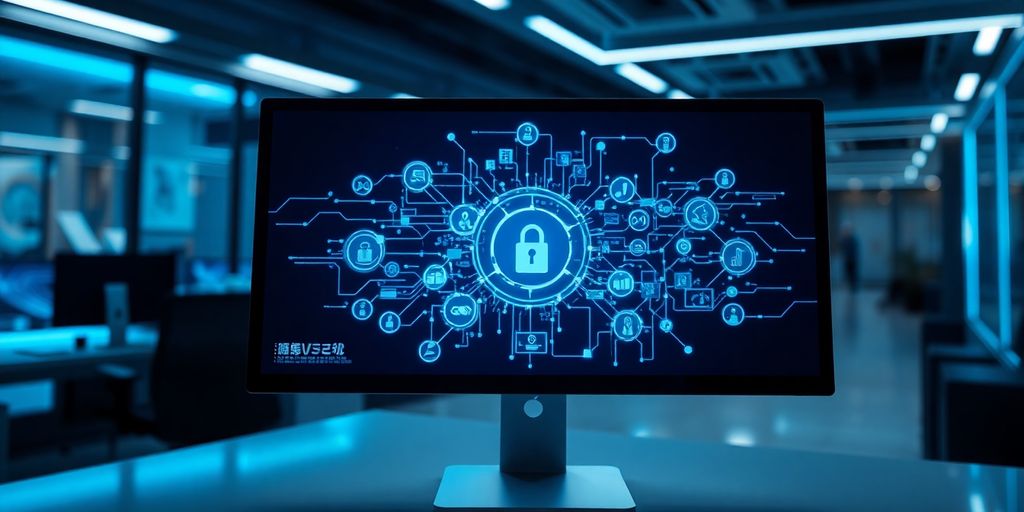 Computer screen with cybersecurity graphics in a high-tech office.