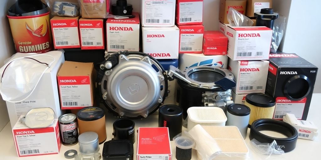 Honda car engine components laid out neatly.
