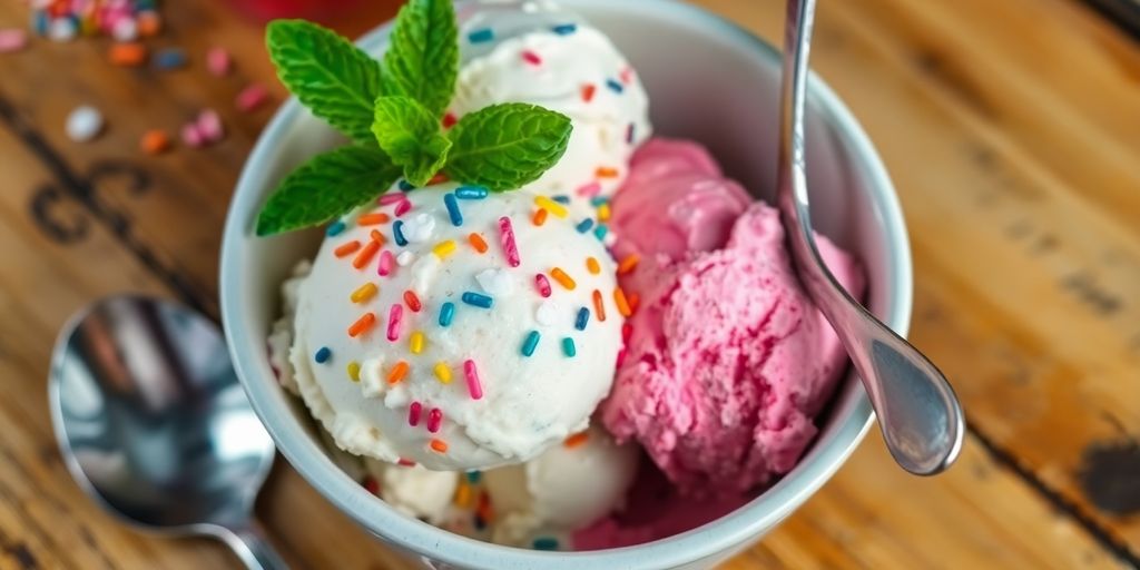 Bowl of homemade ice cream with sprinkles and mint.