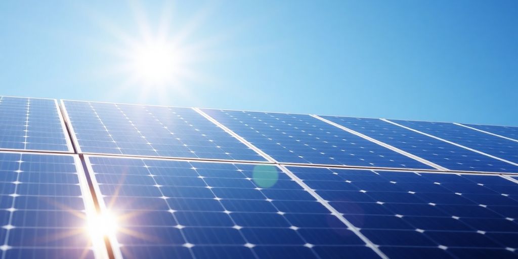 Solar panels with sunlight in a clear sky.