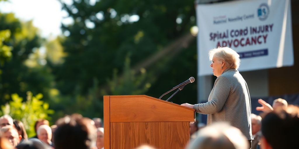 Person speaking at a podium, advocating for spinal cord injury awareness.