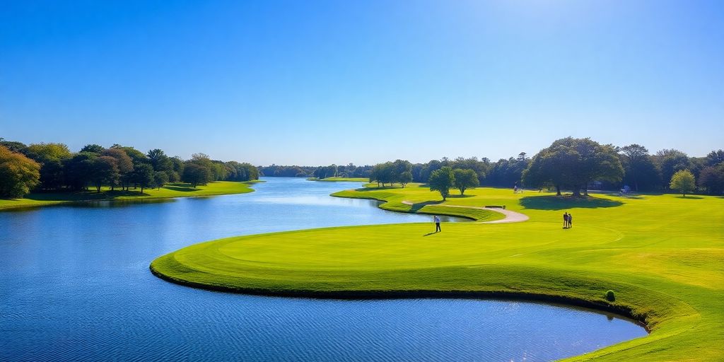 Lakeside golf course with lush greens and serene lake.