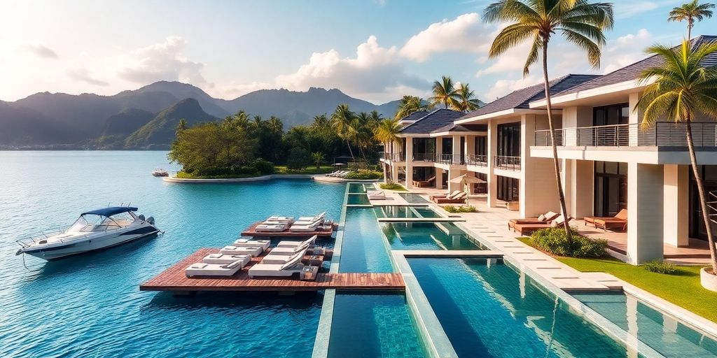 Luxury villa with marina access in Thailand's scenic landscape.