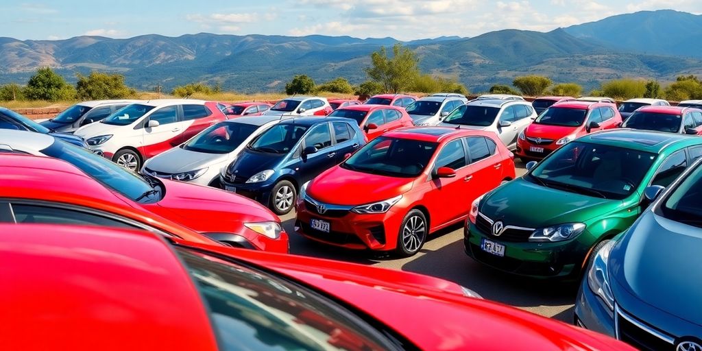 Diverse rental cars parked in a scenic location.