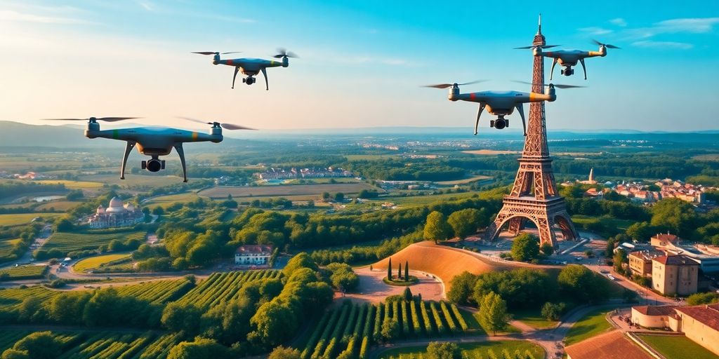 Drones volant au-dessus d'un paysage français.