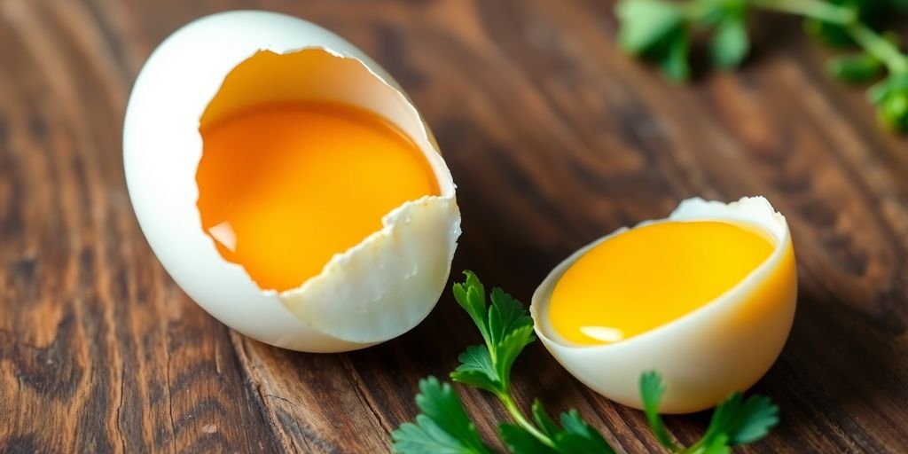 Close-up of an egg on a wooden table.