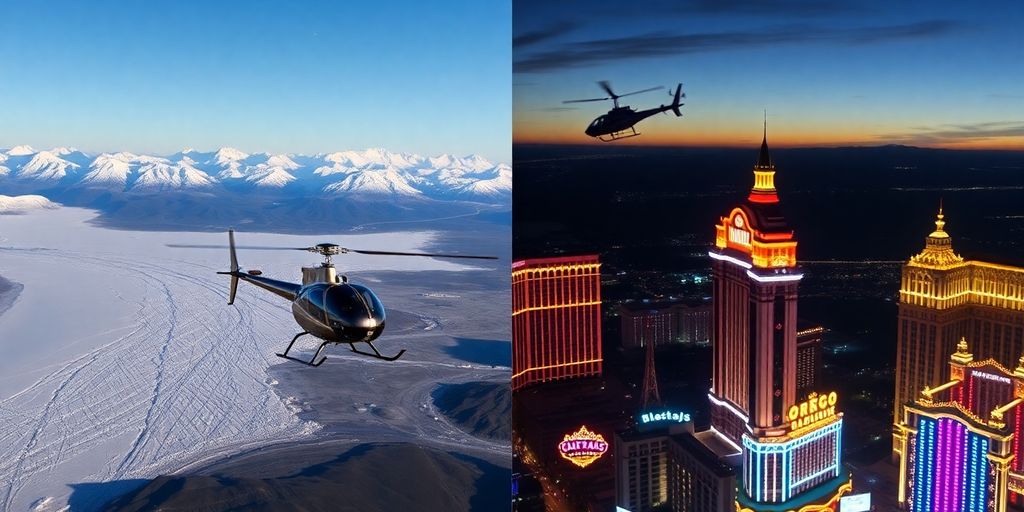 Helicopter over Alaskan glacier versus helicopter over Las Vegas Strip.