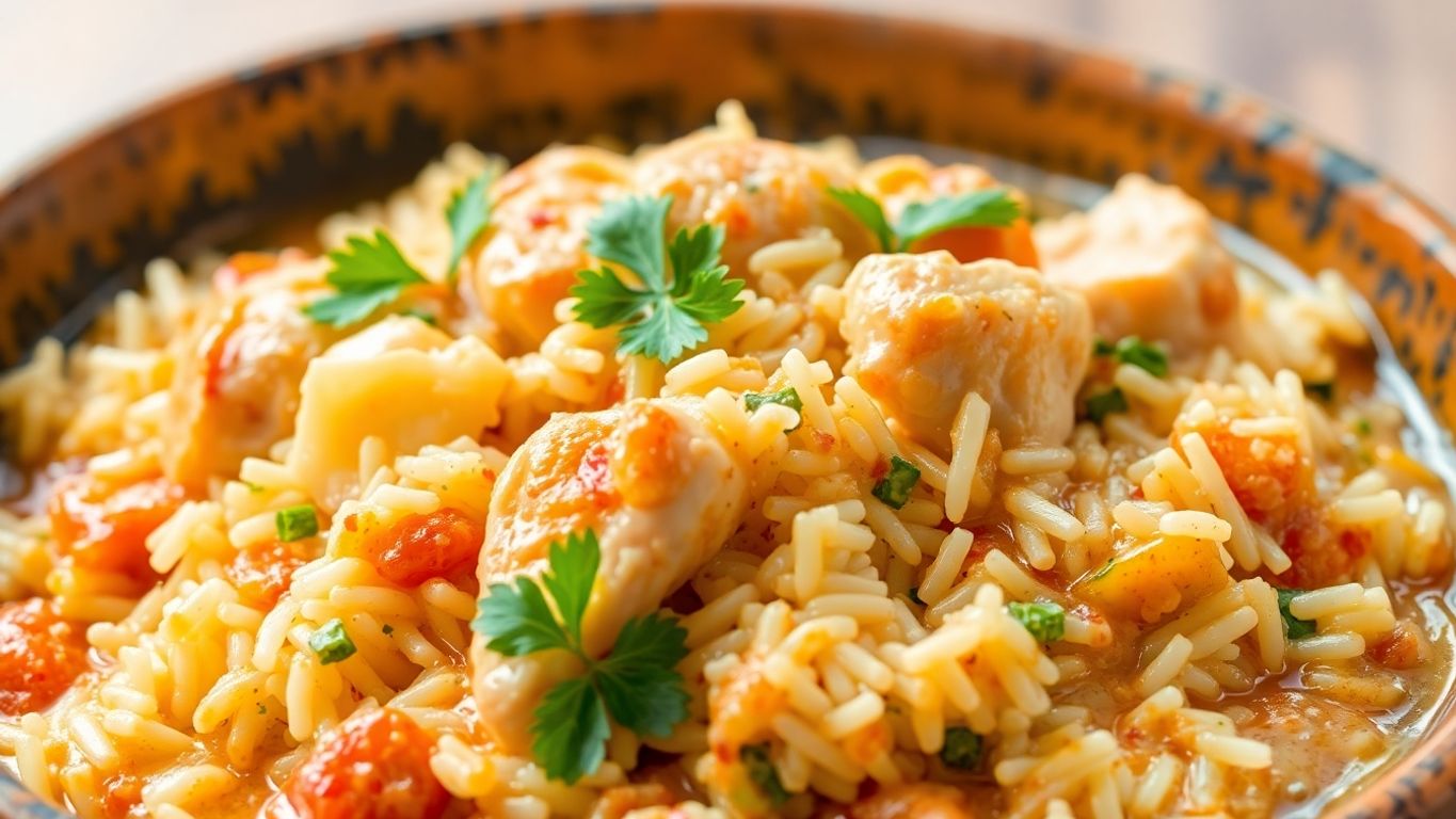 Prato de Arroz Fricassê com frango e vegetais.