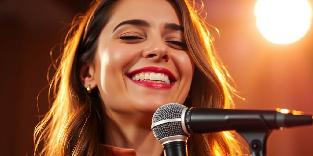 Woman singing confidently with a microphone.