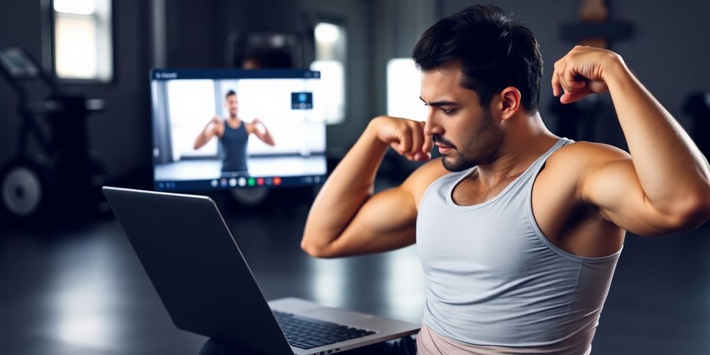 Person exercising with a laptop showing a video call.
