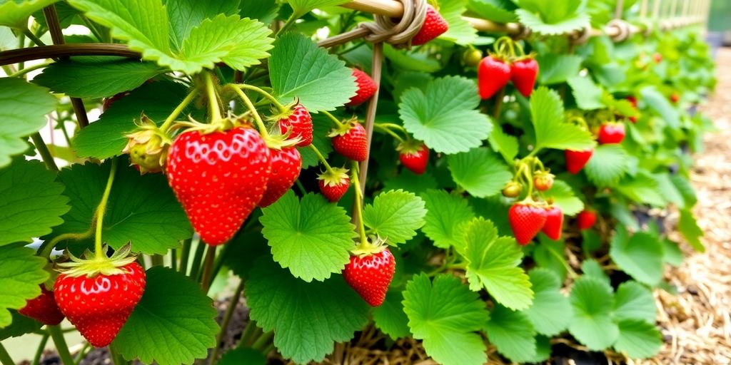 Erdbeerpflanzen mit Stroh und DIY-Rankhilfe im Garten.